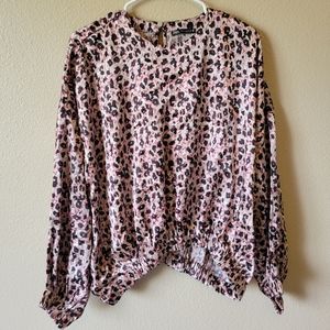 Zara Satin Long Bell Sleeve Oversized Blouse Top Leopard, S